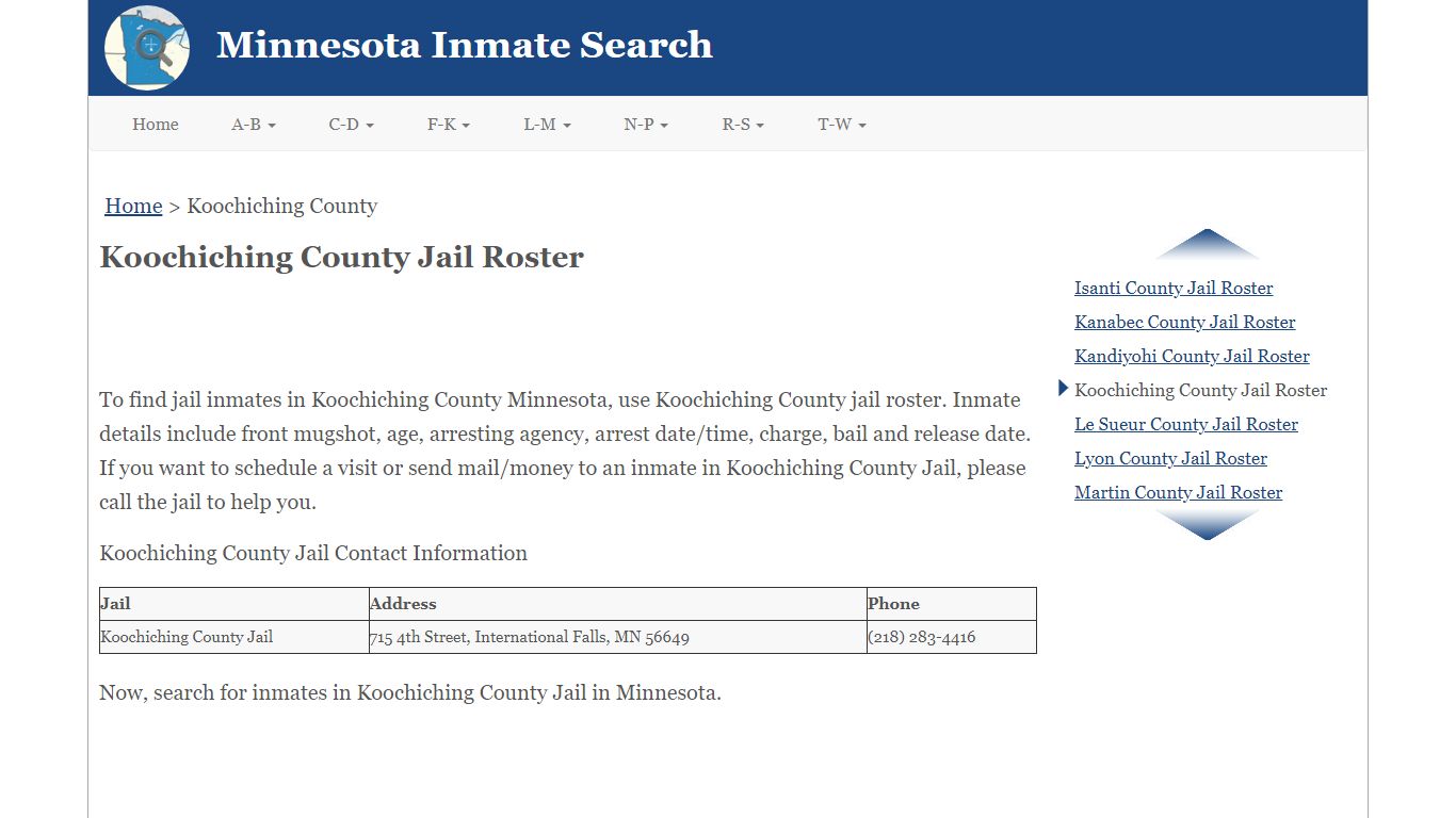 Koochiching County Jail Roster - Minnesota Inmate Search